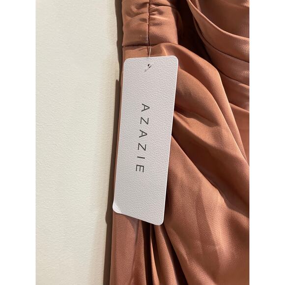 NWT Azazie Eren Stretch Satin One Shoulder Maxi Mermaid Dress Bronzer Women's A2 - Picture 4 of 7